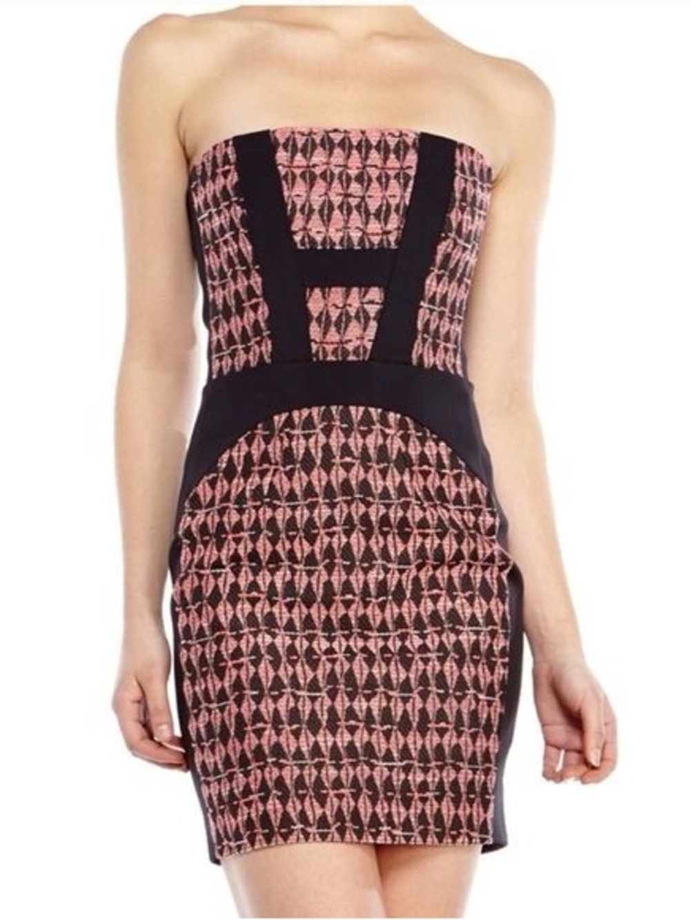 Maje Black & Pink Tweed Jacquard Bandeau Strapless Bodycon Mini Dress
